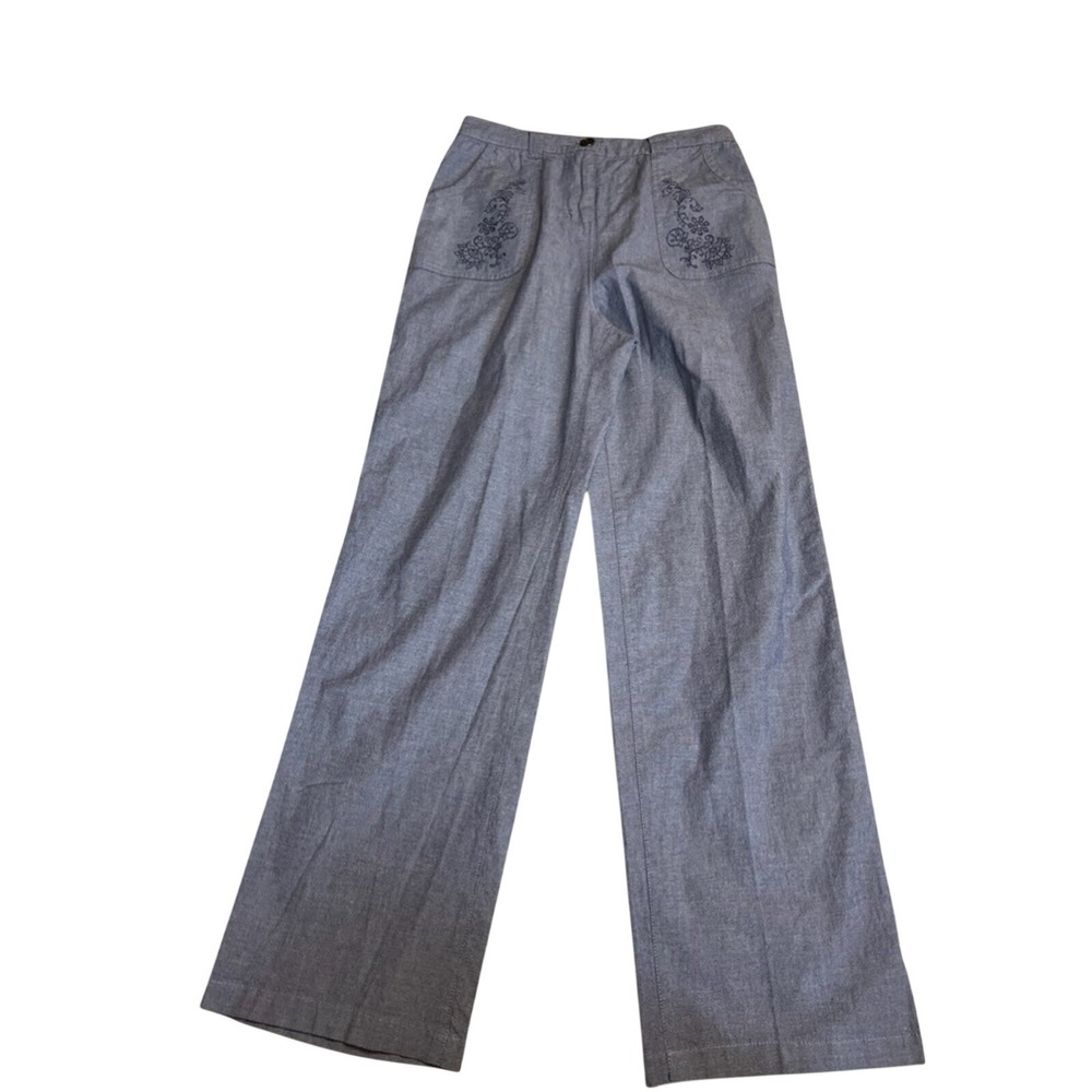 D&CO Women's S Blue Linen Boho Embroidered Wide Legged Comfort Harem Pants